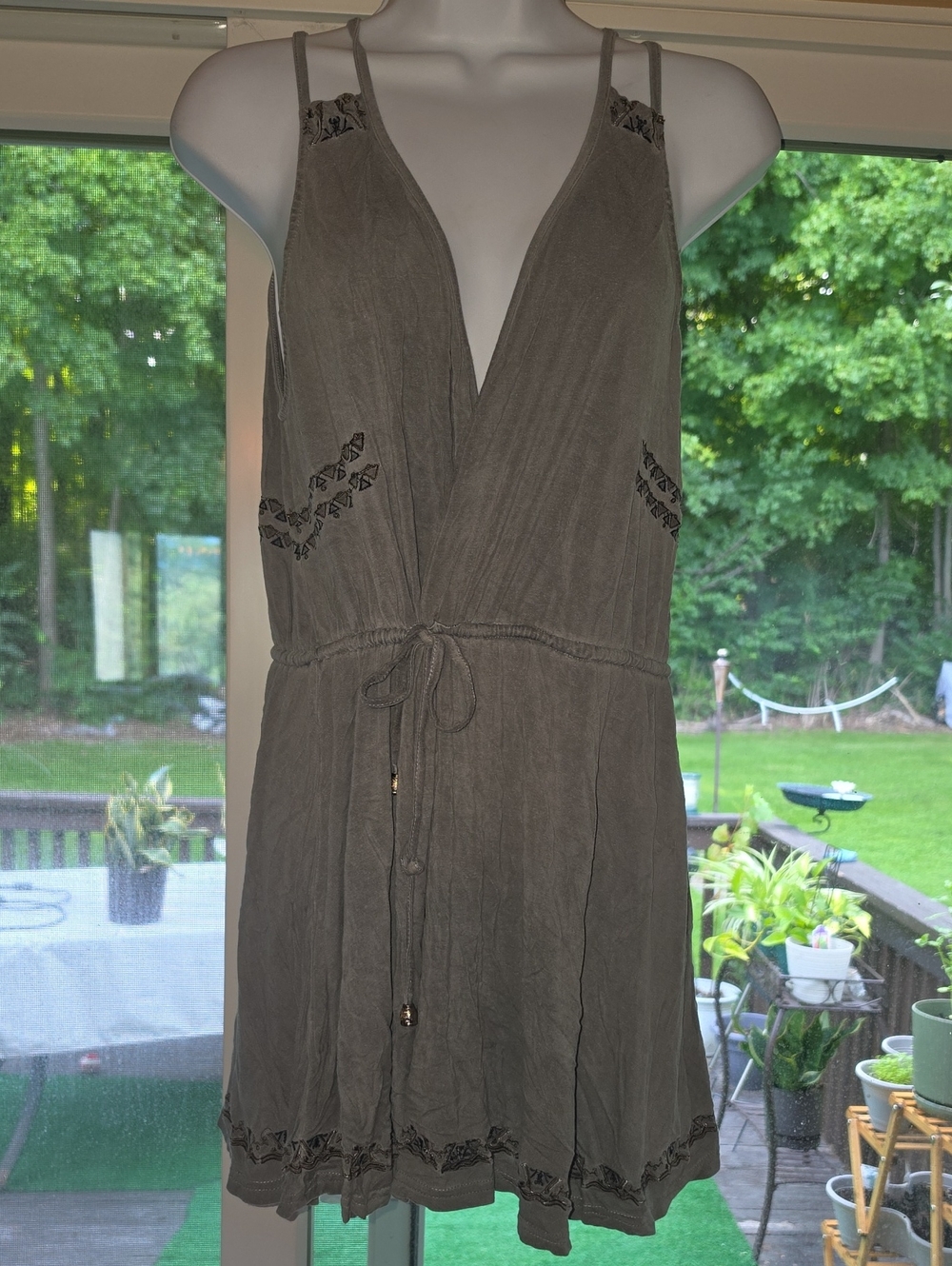 POL Olive Green V-Neck Tie-Waist Tunic Mini Dress with Embroidered Trim